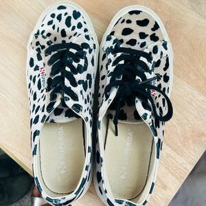 Superga velvet leopard print sneakers with white sole, size 7.5/38